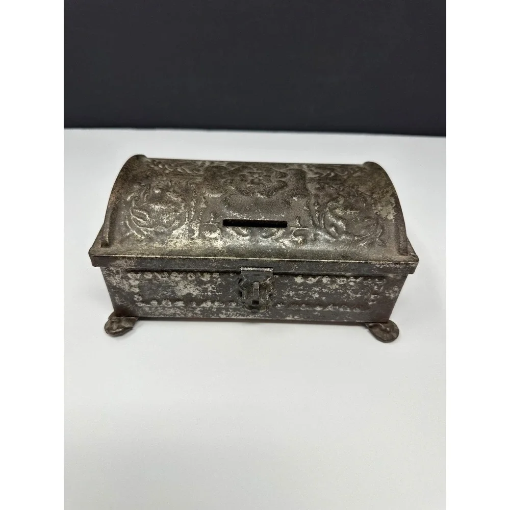 Vintage Fricke & Nacke Tin Treasure Chest Coin Jewelry Box Western Germany S5